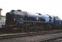 Rebuilt 'Merchant Navy' class no 35005 <I>Canadian Pacific</I> at Tyseley on 4 October 1998. The locomotive was receiving attention after running a hot bearing.<br><br>[Peter Todd 04/10/1998]