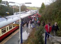 There's an up HST on the left, the Pathfinder 'Hullaba-Looe' on the right, and the Looe line around the corner. What does the station layout here at Liskeard remind me of? [see image 42314]<br><br>[Ken Strachan 10/02/2013]