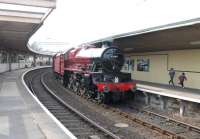 Restored 'Jubilee' 4-6-0 no 45699 <I>Galatea</I> at Carnforth station on 8 April 2013 prior to undertaking an initial test run to Hellifield [See image 59244] [see news item]. <br><br>[Mark Bartlett 08/04/2013]