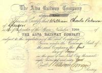 Share certificate issued by the Alva Railway Company dated 1 June 1864.<br><br>[Ian Dinmore 22/08/2015]