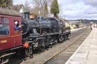 Ivatt 2MT no 46512 coasts into Boat of Garten with the 12.30 to Broomhill on 21 April 2013.<br><br>[Bill Roberton 21/04/2013]