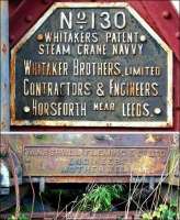 Names to conjure with. Combination image showing the makers plates attached to the Whitaker steam crane and associated pony truck at Prestongrange Industrial Heritage Museum in July 2005.<br><br>[John Furnevel 07/07/2005]