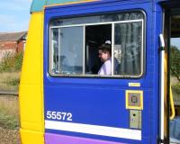 Driver awaiting the all clear at St Annes in September 2013 with a Colne - Blackpool South train.<br><br>[Veronica Clibbery 24/09/2013]