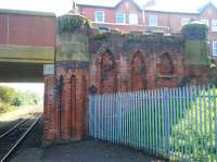 Part of the ornate road bridge carrying the B5233 at the south end of St Anne's station. View is towards Preston on 13 September 2013.<br><br>[Veronica Clibbery 13/09/2004]