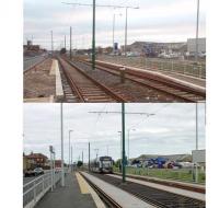 A recent <I>Then and Now</I> comparison at the Lindel Rd tram stop in Fleetwood looking north towards the town centre. The upper image shows the stop under construction in January 2011 while the line was closed. The lower image was taken from the same spot in August 2013. At this time the tramway had been open again for over a year but the new stop still looks pristine as <I>Flexity</I> 006 calls on a service heading for Starr Gate.<br><br>[Mark Bartlett 27/01/2011]