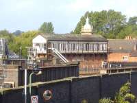 Crewe Junction signal box in October 2013, sited just beyond the end of Shrewsbury Station's platform 3. View across the tracks from the entrance to the former Howard Street goods depot, now the station car park. <br><br>[David Pesterfield 17/10/2013]