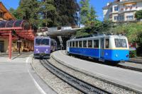 44 years separate these two rack railway units passing at Glion station. 1983 built 303 <I>Villeneuve</I> is descending from the Rochers de Naye summit to Montreux and has paused to connect with the Territet funicular. Immaculate single car 204, 74 years old, is on a short working to Caux.<br><br>[Mark Bartlett 09/09/2013]