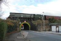 34067 <I>Tangmere</I> travels south along the WCML at Oxheys Loop on 21 November heading for Southall after overhaul at Carnforth. The Battle of Britain Pacific and support coach are crossing the very low Lytham Road bridge in Fulwood.<br><br>[Mark Bartlett 21/11/2013]