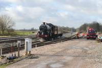 5029 <i>Nunney Castle</i> has stopped to take on water in the up loop at Woodborough, between Newbury and Westbury, on 9 November 2014. The <I>Castle</I> was on its way from Minehead to Southall. <br><br>[Peter Todd 09/11/2014]