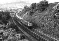 A lengthy train of <I>Presflo</I> hoppers takes the Hope Valley line at Chinley North Junction in the summer of 1979. Motive power on this eastbound service is one of the split headcode Class 40s.<br><br>[Mark Bartlett //1979]