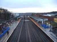 View south from the new footbridge at the north end of Wakefield Westgate on 9 January 2014, showing canopy and platform construction works still in progress. The original steam era footbridge at the south end is now blocked out of use, and will no doubt be removed in due course. <br><br>[David Pesterfield 09/01/2014]