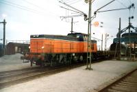 A Swedish diesel propelling wagons onto a train ferry at Trelleborg in February 1995.<br><br>[Colin Miller /02/1995]