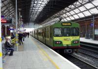 A <I>Dart</I> service to Greystones stands at Dublin (Pearse) platform 2 on 19 January 2014.<br><br>[John Steven 19/01/2014]