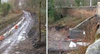 On the left is the view south from the A6106 at Melville Gate along the Waverley trackbed on 18 February. On the right is the view west from the same bridge with the trackbed in the foreground. Note the second arch further west on the original Edinburgh and Dalkeith alignment. [See image 46447] [Ref query 2870]<br><br>[Bill Roberton 18/02/2014]