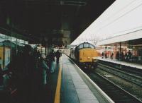 The leading class 37 locomotive reflects on its arrival in Coventry with the Pathfinder Tours <I>Industrious Trader</I>. Platform view west on 15 November 2008.<br><br>[Ken Strachan 15/11/2008]