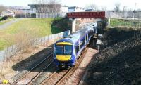 The 11.41 ScotRail service to Glasgow Queen Street about to leave the platform line at Alloa on 11 March and head west on the initial 11 minute leg to Stirling.<br><br>[John Furnevel 11/03/2014]