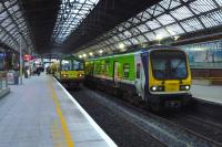 Scene at Dublin Pearse station on 19 January 2014. Trains for Malahide and Howth are awaiting their departure times at platforms 1 (left} and 2 respectively.<br><br>[John Steven 19/01/2014]
