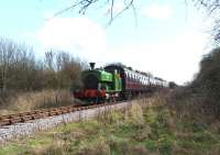Barclay 0-6-0ST <I>Salmon</I> shortly after taking a train away from Taw Valley Halt on The Swindon & Cricklade Railway on 23 March 2014. [see image 46748]<br><br>[Peter Todd 23/03/2014]