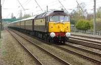 The <I>Northern Belle</I> charter from Glasgow Central to Liverpool Lime Street on 5 April (the day of  the Grand National at Aintree) passing Euxton. The train was hauled by DRS 47832 with 47790 on the rear, both resplendent in <I>Northern Belle</I> livery.<br><br>[John McIntyre 05/04/2014]