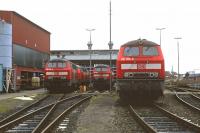 Locomotives on shed at Lubeck on 26th November 2005 included (from left to right) 218 378, 218 413, 218 175 and 218 365. With contracts for regional trains being lost by DB, and the Hamburg to Lbeck line being electrified in 2008, the number of locos required here slumped and the depot eventually closed in 2010. <br><br>[Bill Jamieson 26/11/2005]