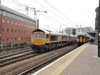 GBRf 66742 passing Newcastle Central with a coal train on 21 May 2014.<br><br>[Peter Todd 21/05/2014]