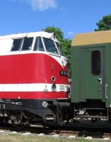 Close-up of ex-Deutsche Reichsbahn Class 118 and passenger coach at the Putbus Railfest on 14th June.<br><br>[David Spaven 14/06/2014]