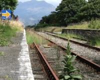 The limit of the service of the Cambrian Coast line at Harlech station in July 2014, where the rails turn rusty and the weeds begin. Gwynedd Council has announced that the line, currently closed from Harlech to Pwllheli because of problems with the rebuilding of the Pont Briwet, should reopen by 1st September.<br><br>[Colin McDonald 09/07/2014]