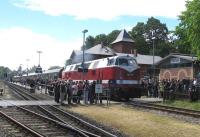 Plenty of admirers for ex-DR 118 770-7 as it hauls the empty stock of the Leipzig-Putbus charter out of Putbus on 14th June.<br><br>[David Spaven 14/06/2014]