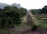 An overgrown Talsarnau halt stands in the middle distance, on the currently closed Harlech - Pwllheli section of the Cambrian Coast line. Photographed on 9 July 2014 against the backdrop of Harlech Castle. [Ref query 11785]<br><br>[Colin McDonald 09/07/2014]