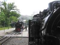 On 13th June the first Ruegensche Baederbahn service of the day over the 24km narrow-gauge route from Putbus to Goehren enters the loop at Sellin Ost to cross the first westbound train.<br>
<br><br>[David Spaven 13/06/2014]