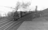 A hard working Black 5 about to pass Greskine with a freight, complete with banker, in the 1960s.<br><br>[David Stewart //]