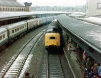 Deltic 55008 <I>The Green Howards</I> brings a northbound train into York on a cold April day in 1981.<br><br>[Colin Alexander 25/04/1981]