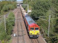 DBS 66114 leads an empty autoballaster train from Nairn into Millerhill Yard on 8 September. 66103 was on the rear.<br><br>[Bill Roberton 08/09/2014]