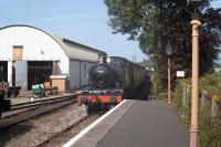 Scene at Williton on the West Somerset Railway on 8 September 2014. GWR 2-6-2T 4160 brings a train into the station en route to Minehead. <br><br>[Peter Todd 08/09/2014]