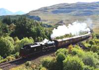 44871 and 45407 top and tail <I>The West Highlander</I> coming out of the sun on 23 September on the gradient between Crianlarich and Tyndrum on the way to Oban.<br><br>[John Gray 23/09/2014]