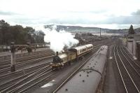 HR 103 approaching Perth from the south with the preserved Caledonian coaches on 21 August 1965 on its way to Inverness for the Highland Railway Centenary celebrations.<br><br>[John Robin 21/08/1965]