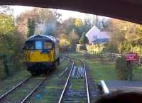 Crompton 33110 runs round a BLS brake van special at Boscarne Junction on 29 November 2014. Notice the Camel Trail footpath and cyclepath to the right: the trackbed ahead leads to Wadebridge [see image 35696] and Padstow.<br><br>[Ken Strachan 29/11/2014]