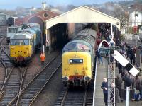 The Bo'ness Diesel Gala on 27 December sees Deltic 55022 bringing up the rear of an arrival from Manuel. In the background DCR 31601 and 26038 wait to take over.<br><br>[Bill Roberton 27/12/2014]