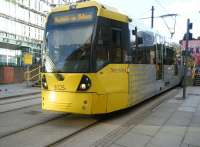 Metrolink tram 3025 photographed at Shudehill Interchange on 2 January 2015 with a service to Rochdale.<br><br>[Veronica Clibbery 02/01/2015]