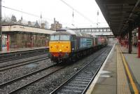 DRS 57012 and 57002, on the Down Fast line through Lancaster station on 13 March taking three nuclear flasks from Crewe to Sellafield. <br><br>[Mark Bartlett 13/03/2015]
