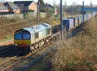  A Daventry to Coatbridge  container train with DRS 66429 in charge passes Oxheys loop to the north of Preston on the afternoon of 10 March 2015.<br><br>[John McIntyre 10/03/2015]
