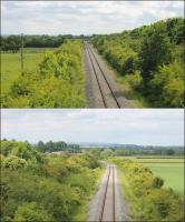 Two views, both taken from the B4100 road bridge, of the surviving 5 mile section of the old SMJR line, now used by freight trains accessing the MOD depot at Kineton. The upper view looks east towards the main line at Fenny Compton and the bridge over the M40 can be seen in the distance. The lower view looks west with the line curving left towards the MOD sidings. [Ref query 6951]<br><br>[Mark Bartlett 14/06/2015]