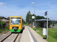 Modern Oberpfalzbahn train and modern (relocated) station at Waldmuenchen at the terminus of the branch from Cham in eastern Bavaria on 25th June. As well as offering a scenic run, this rural branch - unusually for Germany today - has freight trains, serving a liquid waste plant.<br><br>[David Spaven 25/06/2015]
