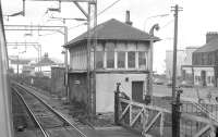 Logans Road Signalbox, Motherwell, photographed in February 1974 from a passing train.<br><br>[Bill Roberton /02/1974]
