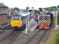 Devon & Cornwall Railways 31601 brings up the rear of a train from Manuel arriving at Bo'ness on 26 July 2015, passing D2767 in the bay platform.<br><br>[Bill Roberton 26/07/2015]
