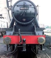 Head-on view of Stanier 8F 2-8-0 48151 at Carnforth in the early 1990s [see image 52286]. <br><br>[John Steven //]