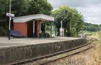 Quiet interlude at Calstock station in July 2015. The famous viaduct starts immediately beyond the boarded foot crossing at the east end of the platform and some arches can just be seen under the shelter canopy through the legs of the notice board. <br><br>[Mark Bartlett 29/07/2015]