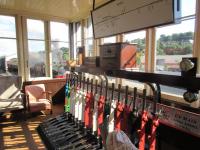 Interior of Bo'ness signal box on 29 August 2015, with an Austerity 0-6-0 tank passing.<br><br>[John Yellowlees 29/08/2015]