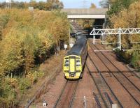 ScotRail 158867 takes the Borders line at Newcraighall North Junction shortly after leaving Newcraighall station on a bright and sunny 1 November 2015. The train is the 1011 Edinburgh - Tweedbank.<br><br>[John Furnevel 01/11/2015]