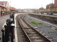 The new dedicated NYMR platform at Whitby, showing the pointwork from the loco release headshunt onto the run round loop, with the Northern Rail Esk Valley line  on the right. [See image 21258]<br><br>[David Pesterfield 23/10/2015]